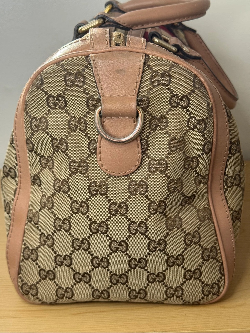 Gucci Beige GG Canvas Boston Bag with Pink and Burgundy Stripes - Picture 4 of 10